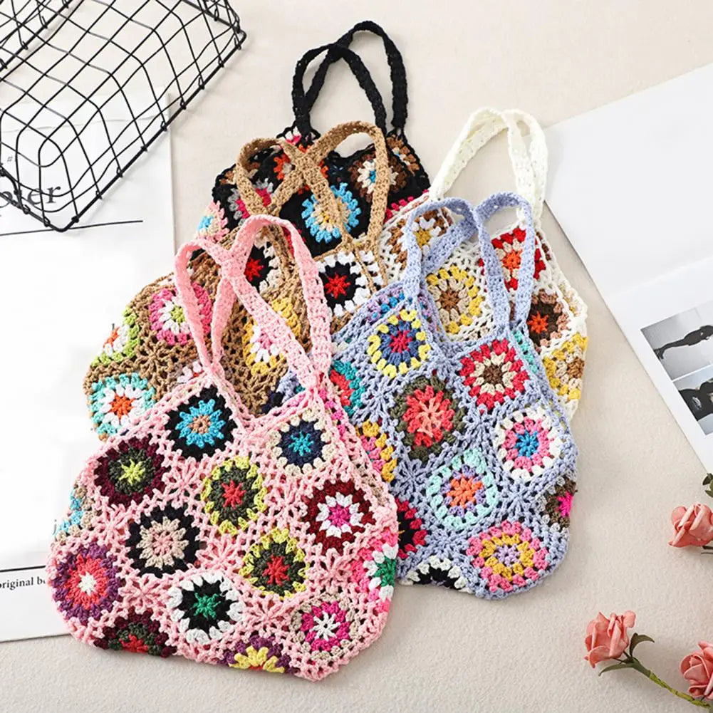 Boho Floral Crochet Large Tote Bag Multicolor Handbag