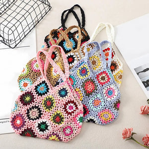 Boho Floral Crochet Large Tote Bag Multicolor Handbag