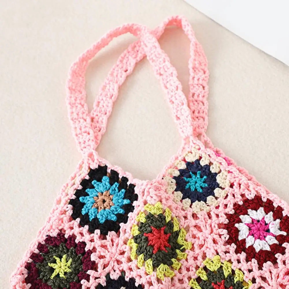 Boho Floral Crochet Large Tote Bag Multicolor Handbag