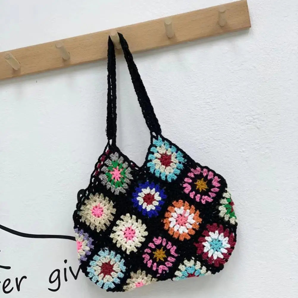 Boho Floral Crochet Large Tote Bag Multicolor Handbag