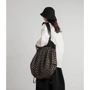 Vintage Nylon Bucket Striped Tote Bag Soft Shoulder Handbag Backpack