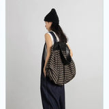 Vintage Nylon Bucket Striped Tote Bag Soft Shoulder Handbag Backpack