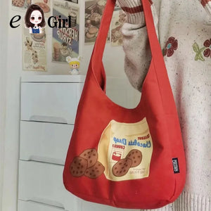 Odd Biscuits Graphic Print Canvas Tote Bag Red Handbag
