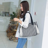 Striped Panelled Shoulder Bag Large Capacity Canvas Shopping Beach Handbag