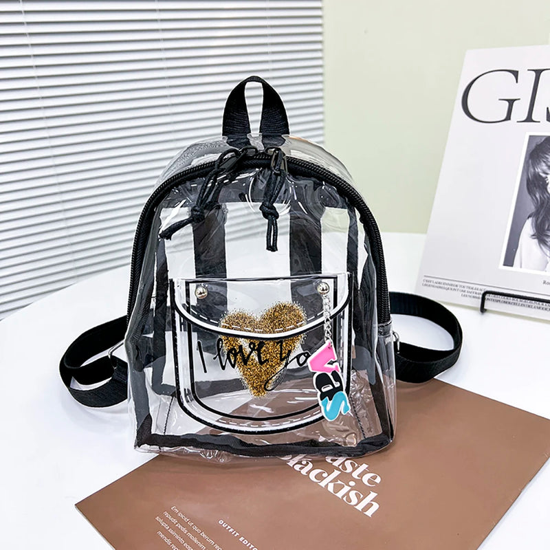 Women Transparent Backpack Love Print PVC Waterproof Clear Travel Shoulder