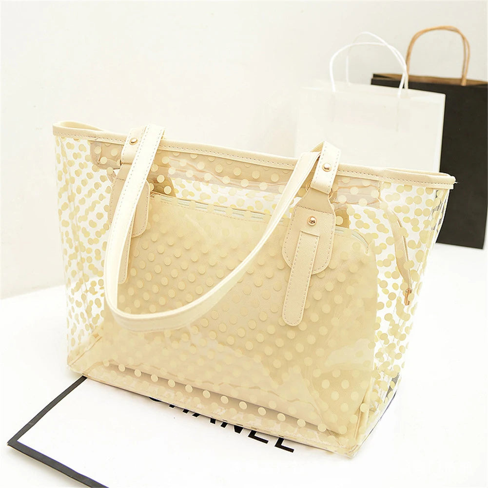Women Transparent Handbag Candy Round Dot Decor Compound Beach Shoulder Bag