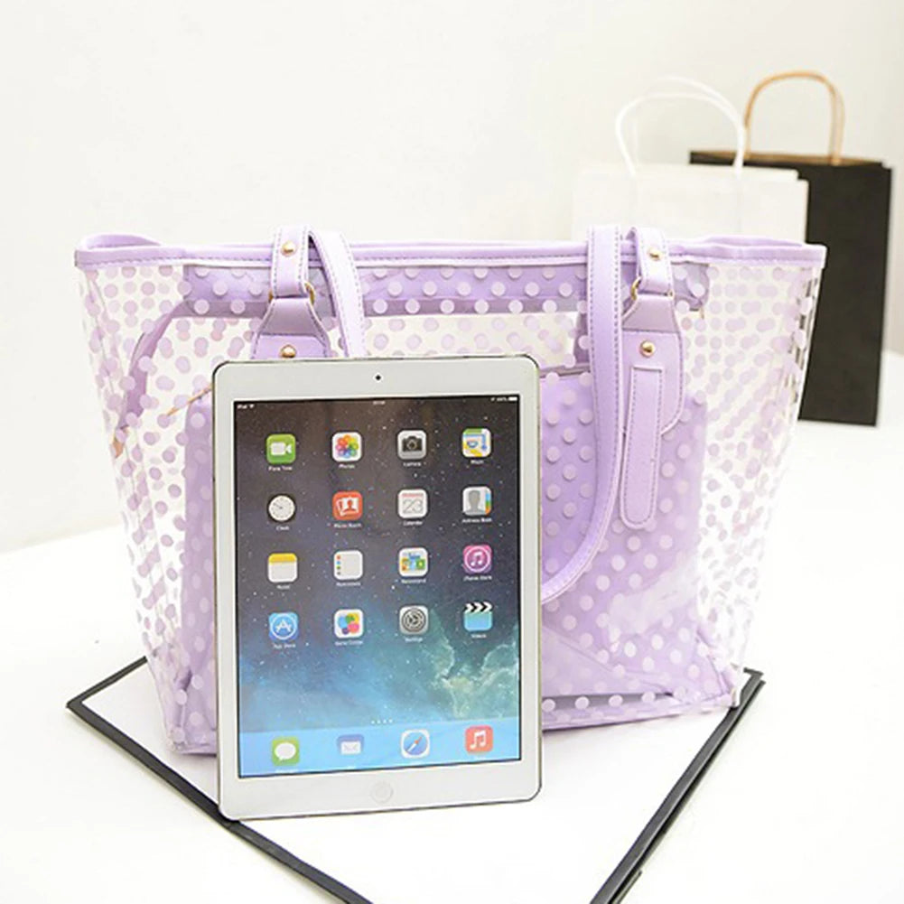 Women Transparent Handbag Candy Round Dot Decor Compound Beach Shoulder Bag