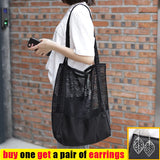 Women Mesh Splice Canvas Beach Bag Foldable Handbag Tote Eco Shopper