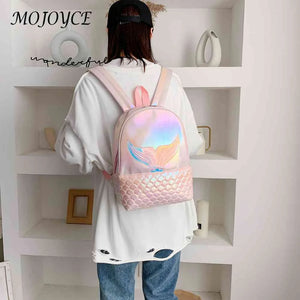 Women Travel Backpack Portable Girls Laser PU Leather Cartoon Fish Tail