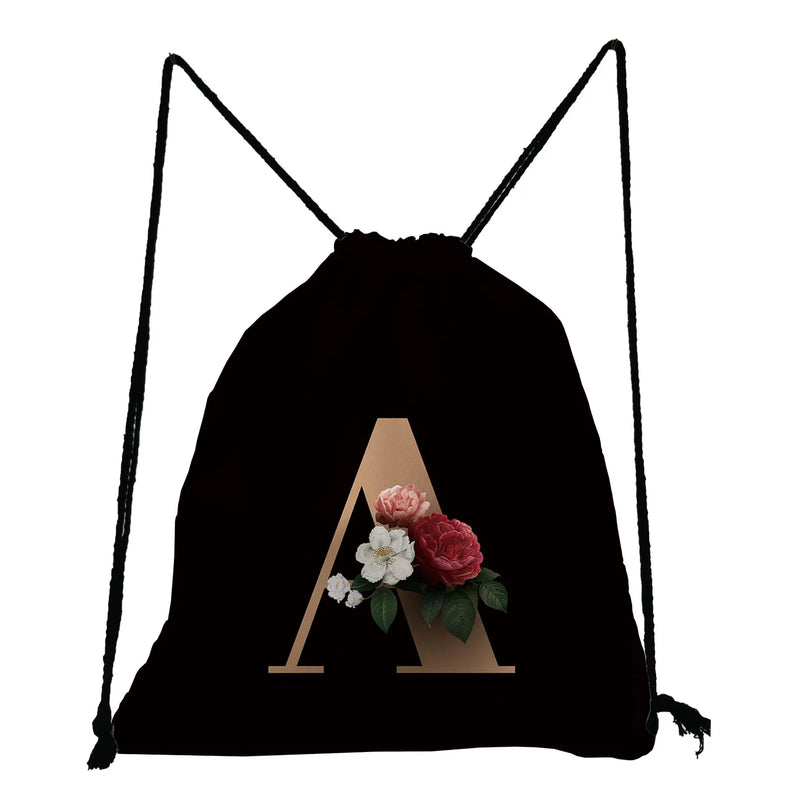 Initials Drawstring Backpack Flower Beauty Bag A-Z Letter Rope Softback