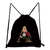 Initials Drawstring Backpack Flower Beauty Bag A-Z Letter Rope Softback