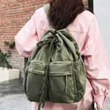 Women Canvas Vintage Drawstring Book Bag Brown College Backpack