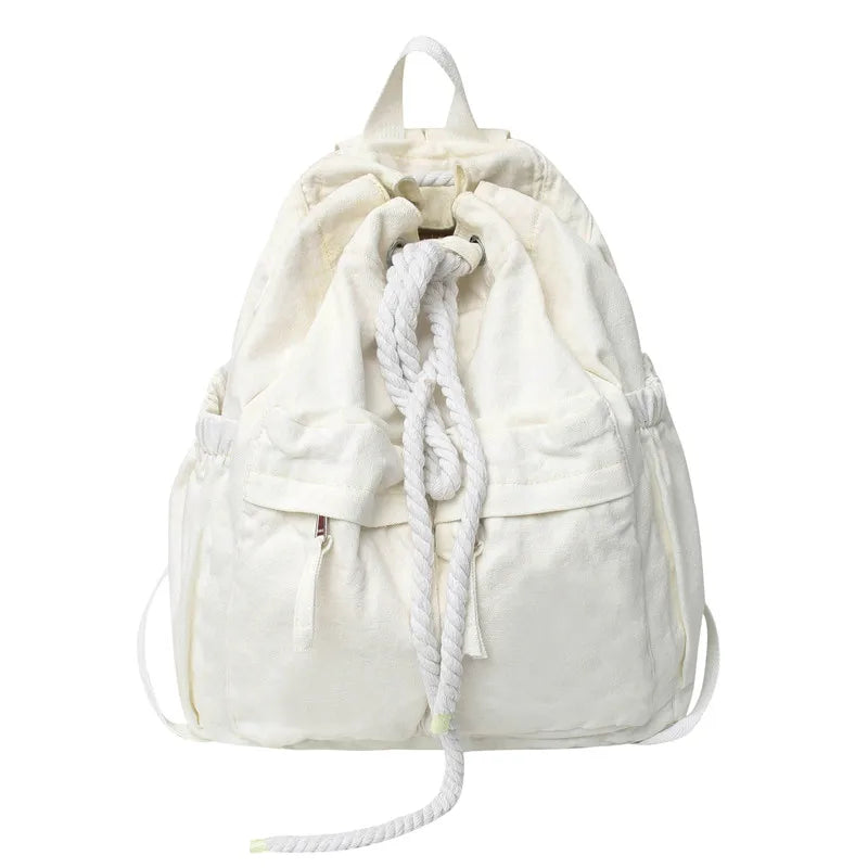 Women Canvas Vintage Drawstring Book Bag Brown College Backpack