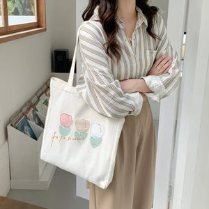 Tulip Embroidery Canvas Shoulder Bag Women's Casual Handbag Large Capacity Tote