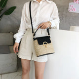 Vintage Beach Bucket Woven Straw Shoulder Flap Basket