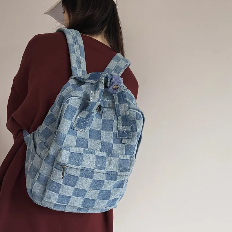 Vintage Checker Plaid Denim School Laptop Backpack