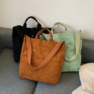 Vintage Corduroy Handbag Reusable Crossbody Purse Large Tote Bag