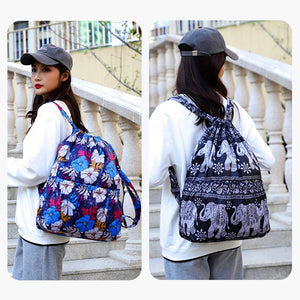 Vintage Drawstring Backpack Flower Ethnic Style Waterproof Nylon Rucksack