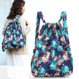 Vintage Drawstring Backpack Flower Ethnic Style Waterproof Nylon Rucksack