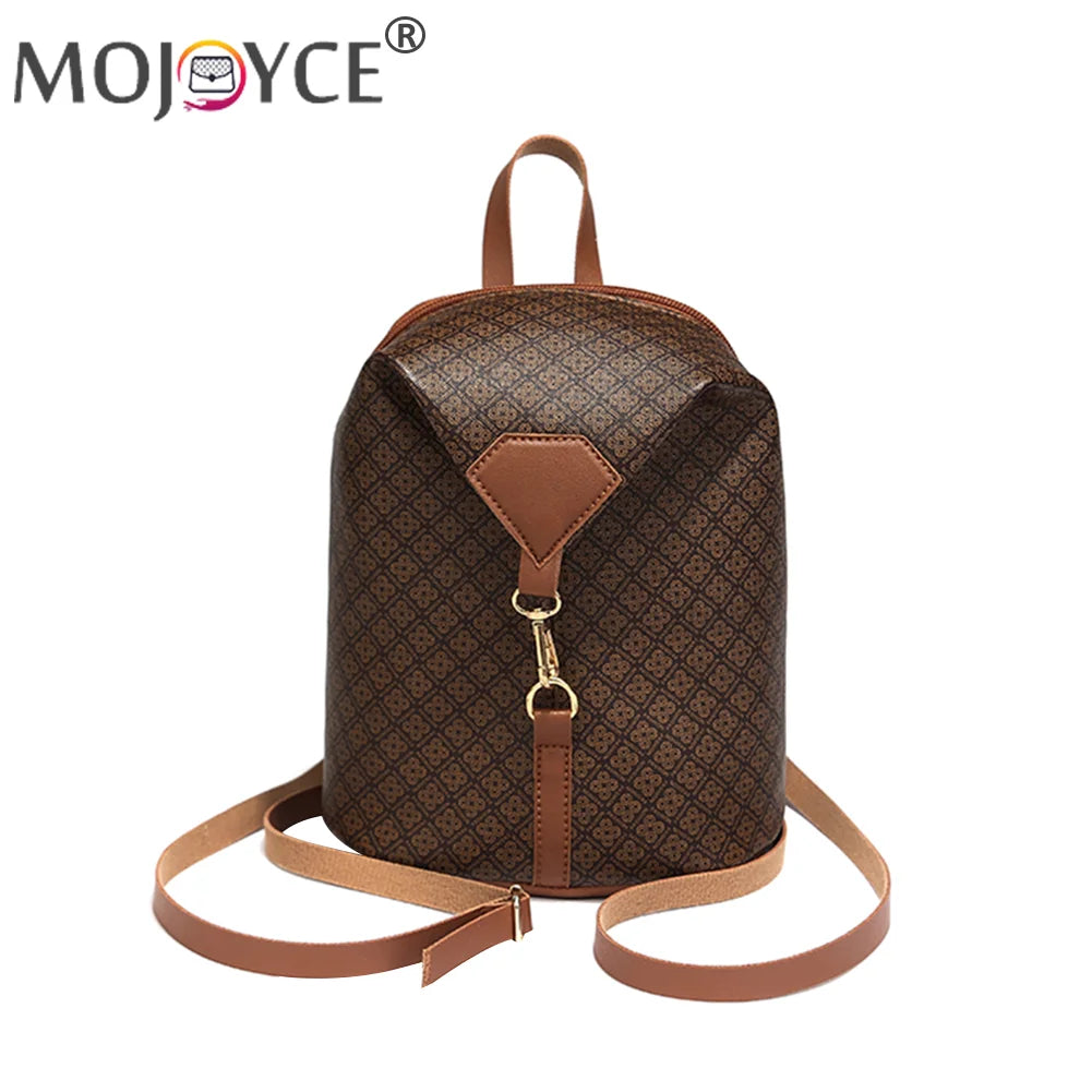Vintage Geometric Lattice Pattern Shoulder Backpack PU Leather Small Rucksack