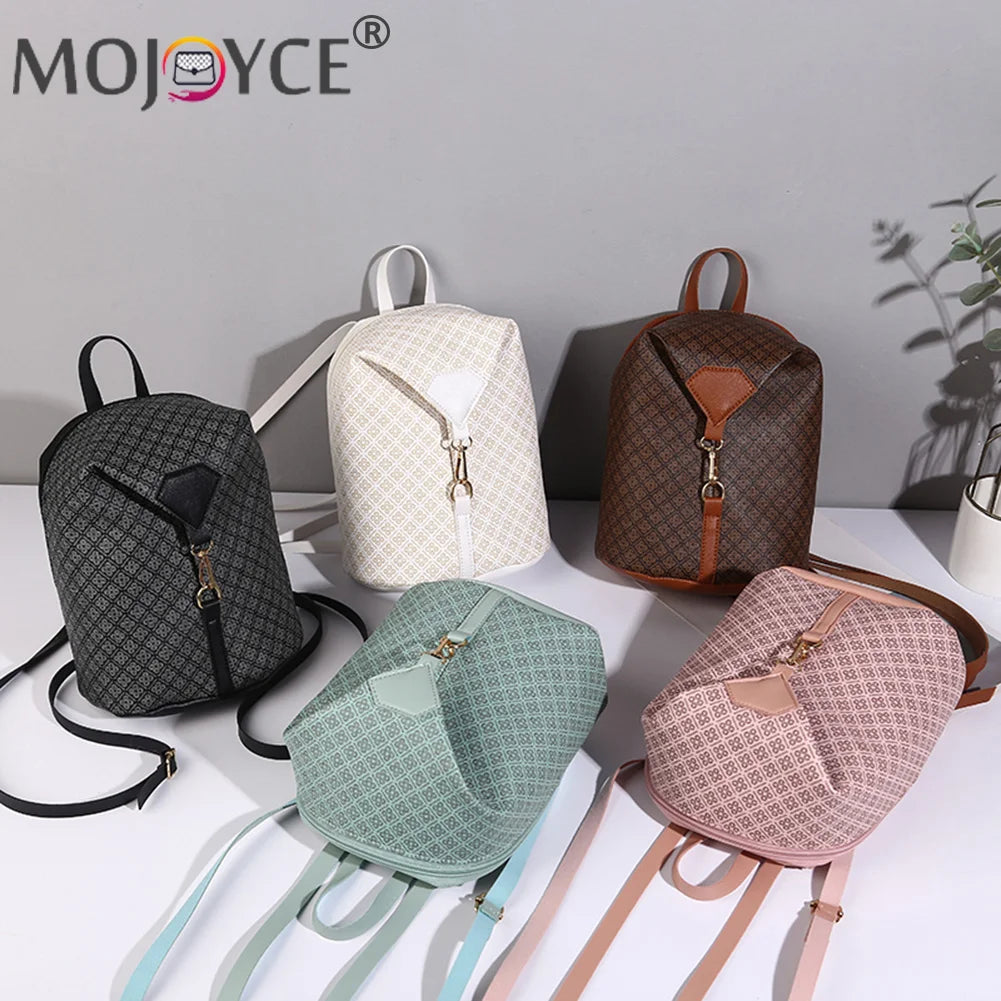 Vintage Geometric Lattice Pattern Shoulder Backpack PU Leather Small Rucksack