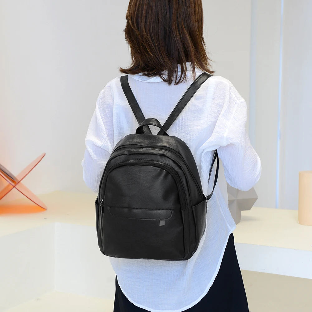 Vintage PU Leather Backpack School Bags Female Casual Small Rucksack