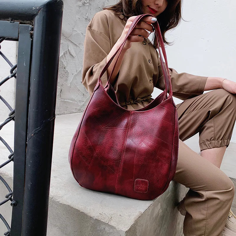 Vintage PU Leather Shoulder Bag Top-handle Hobo Totes