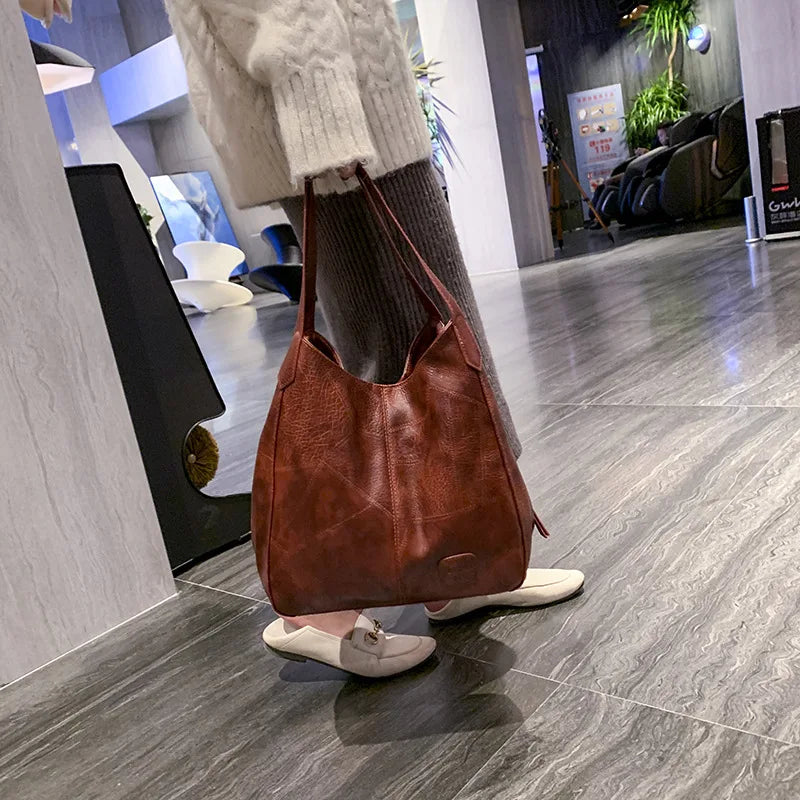 Vintage PU Leather Shoulder Bag Top-handle Hobo Totes