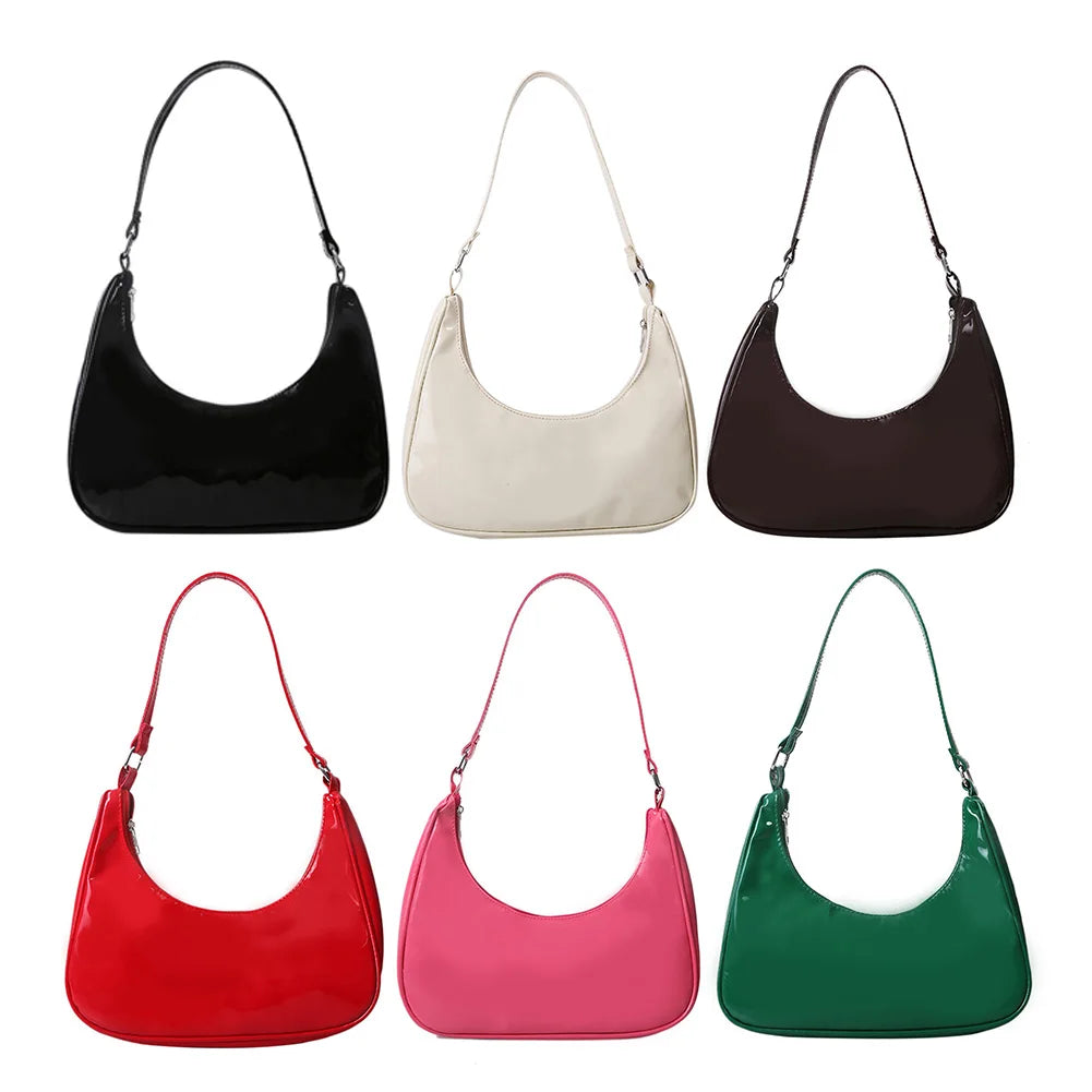 Vintage Solid Crescent Handbags PU Leather Small Zipper Armpit Bags
