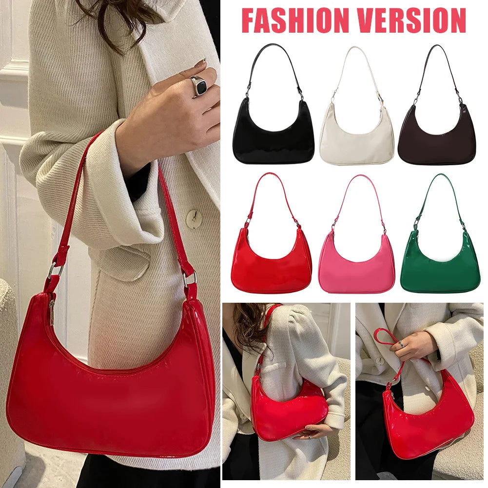 Vintage Solid Crescent Handbags PU Leather Small Zipper Armpit Bags