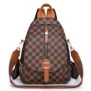 Vintage Style Leather Backpack Plaid Shoulder Bag for Women