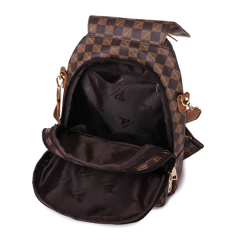 Vintage Style Leather Backpack Plaid Shoulder Bag for Women