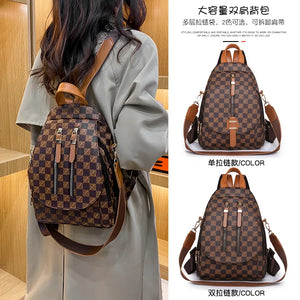 Vintage Style Leather Backpack Plaid Shoulder Bag for Women