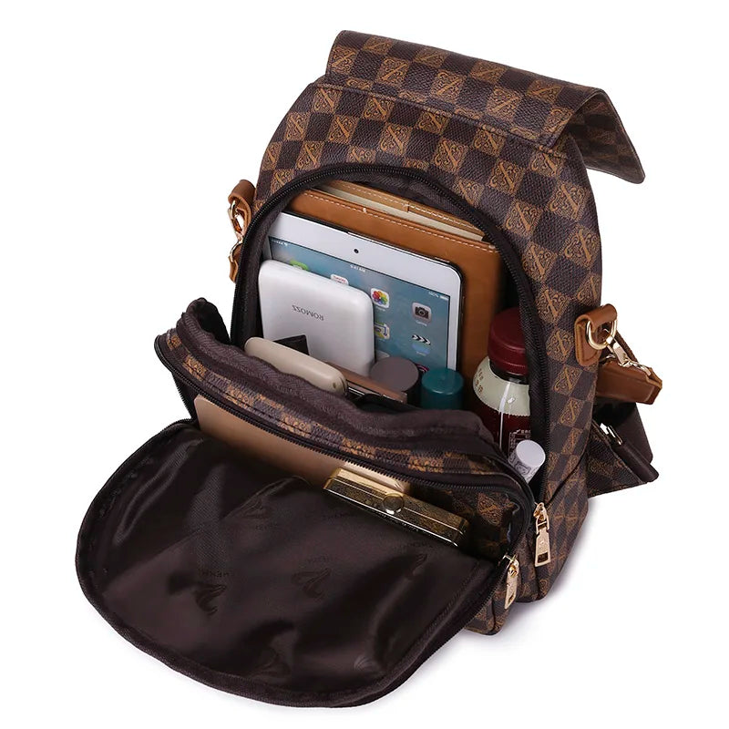 Vintage Style Leather Backpack Plaid Shoulder Bag for Women