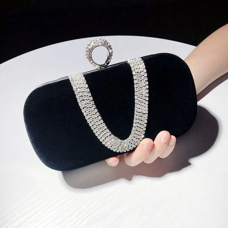 Vintage Velvet Evening Bags Crystal Rhinestone Clutches Chain Shoulder Bag