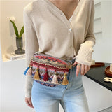 Women Fringed Woven Shoulder Bag Ethnic Crossbody Bag Wide Shoulder Strap
