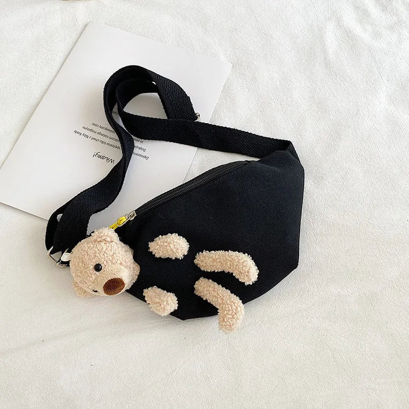Canvas Waist Fanny Pack Chest Crossbody Belt Bag with Teddy Bear