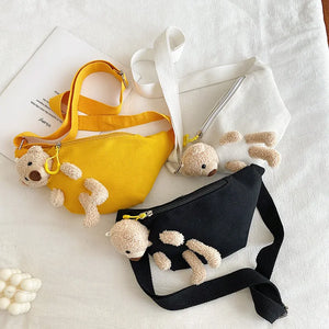 Canvas Waist Fanny Pack Chest Crossbody Belt Bag with Teddy Bear