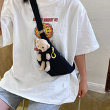 Canvas Waist Fanny Pack Chest Crossbody Belt Bag with Teddy Bear