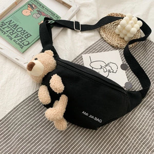 Women Canvas Waist Bag Chest Crossbody Teddy Bear Zipper Crossbody Bag