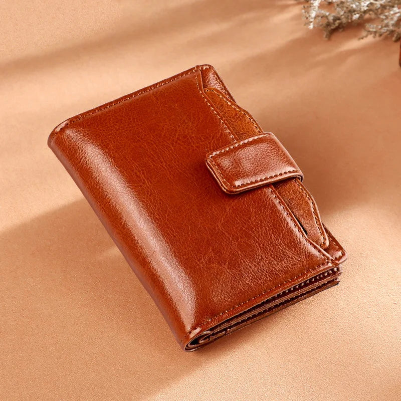 Retro Oil Wax Cowhide Women Wallet Short Zipper Coin Purse Carteras