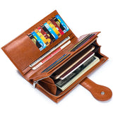 RFID Blocking Leather Long Wallet Oil Wax Female Coin Purse