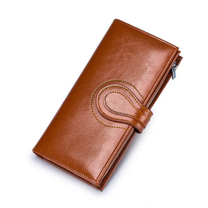 RFID Blocking Leather Long Wallet Oil Wax Female Coin Purse