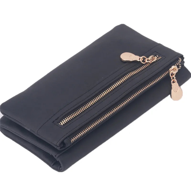 Women Dull Leather Wallet Double Zipper Clutch Purse Wristlet