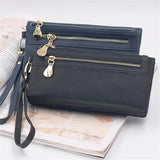 Women Dull Leather Wallet Double Zipper Clutch Purse Wristlet
