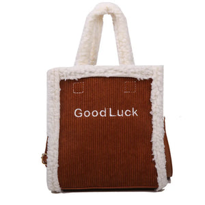 Women Winter Corduroy Bag Canvas Shoulder Tote Handbag Warm Plush Messenger Bag