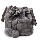 Furry Faux Fur Bucket Drawstring Shoulder Bag with Pom Pom