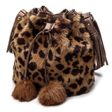 Furry Faux Fur Bucket Drawstring Shoulder Bag with Pom Pom