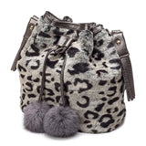 Furry Faux Fur Bucket Drawstring Shoulder Bag with Pom Pom