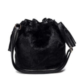 Furry Faux Fur Bucket Drawstring Shoulder Bag with Pom Pom